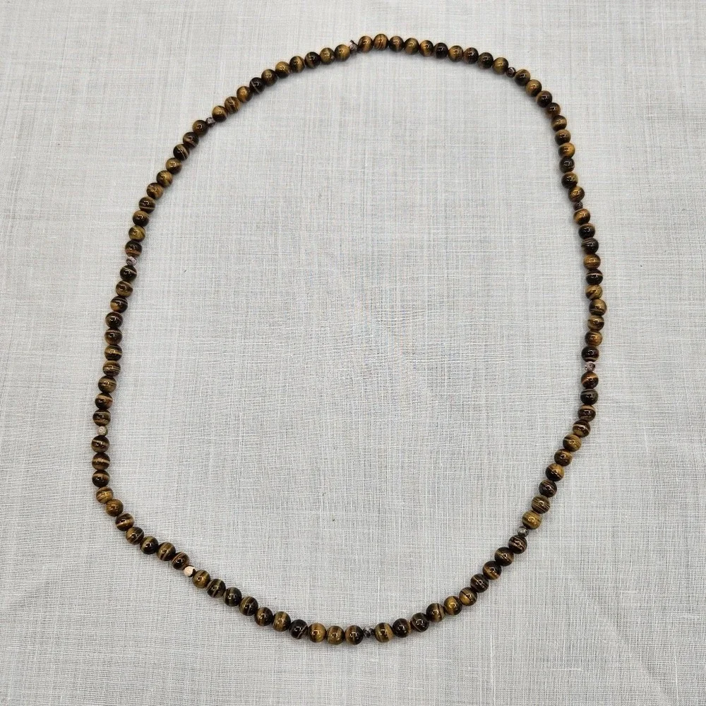 Natural Tigers‎ Eye Beaded Necklace 6mm Round Gemstone Strand Brown Gold Unisex - Picture 4 of 5